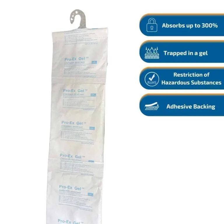 Pro-Ex Gel 125g hanging desiccant bag with highlighted moisture protection features