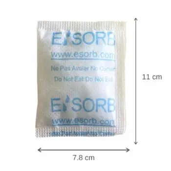 Esorb 50g silica gel desiccant packet with product dimensions for packaging protection