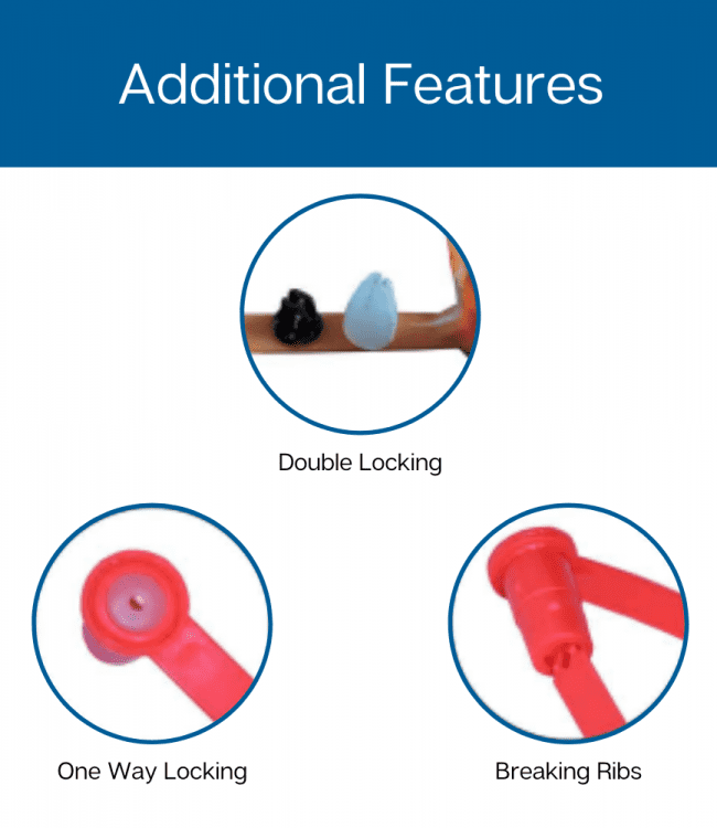 The double locking fixed length plastic seal features one way locking and breaking ribs.