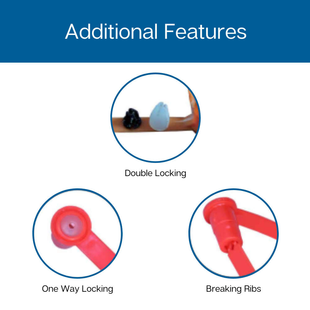 The double locking fixed length plastic seal features one way locking and breaking ribs.