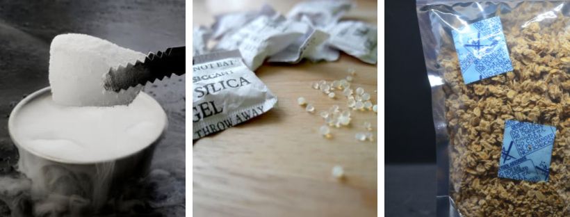 Silica gel, dry ice and oxygen absorbers can extend the shelf life of stored foods.