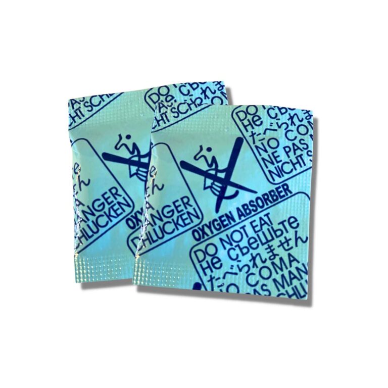 30cc Oxygen Absorber 2 100cc oxygen absorber packets grouped together for packaging and moisture control