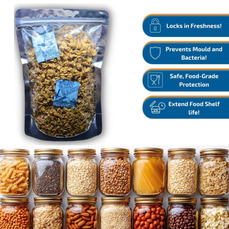 30cc Oxygen Absorber 4 100cc oxygen absorber in use with dried food packaging for extended shelf life