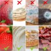 Comparison image showing mouldy food without oxygen absorbers versus fresh food preserved with oxygen absorbers