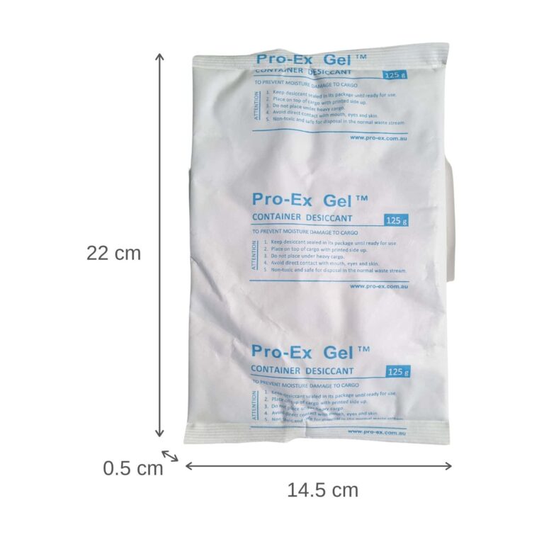 Pro-Ex Gel 125g hanging desiccant bag front view for container condensation control with dimensions
