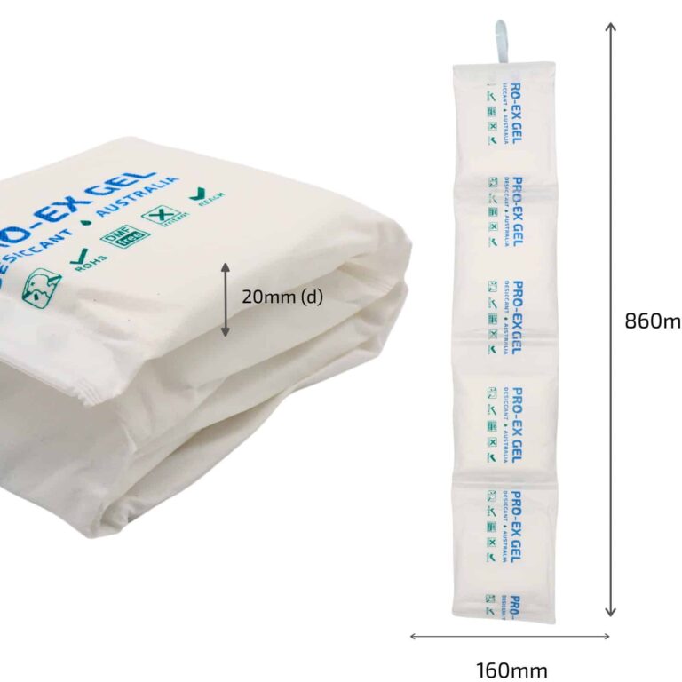 Pro-Ex Gel 1kg desiccant packet with product dimensions for shipping container use