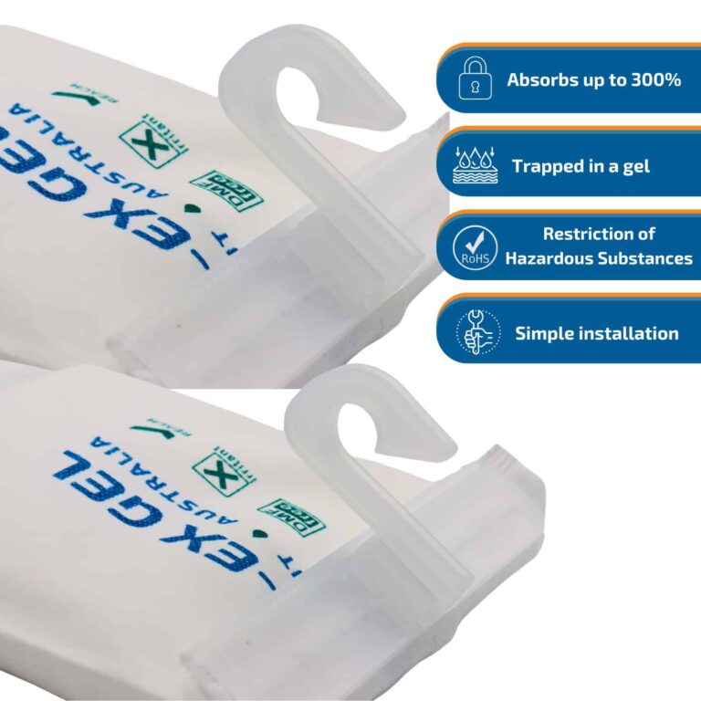 Pro-Ex Gel 1kg desiccant product information graphic highlighting features