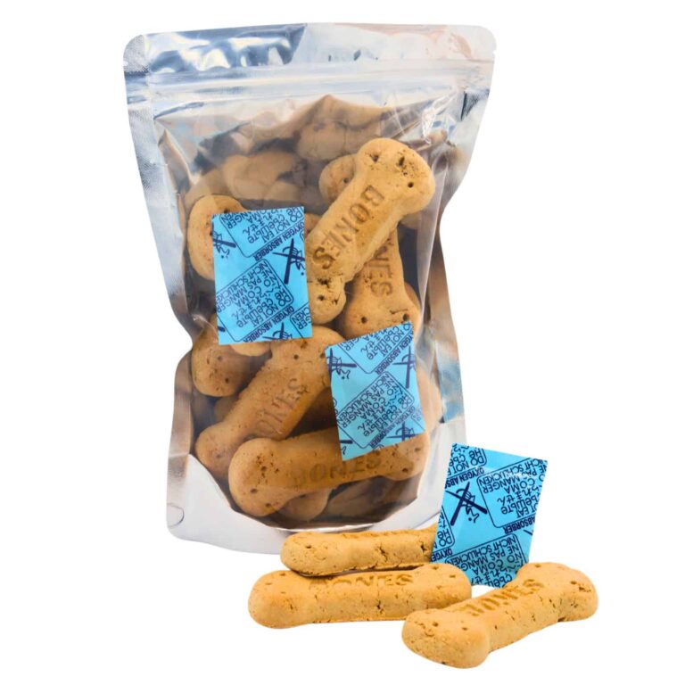 Stand Up Pouch 16*23cm + 100cc Oxygen Absorber 7 Stand-up pouch oxygen absorber bundle in use with pet treats for packaging and freshness control