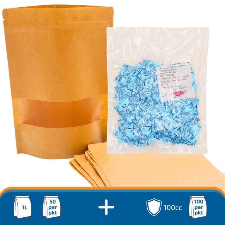 1L Kraft Paper Pouch + 100cc Oxygen Absorber 1 Kraft pouch bundle with 100cc oxygen absorbers for packaging and shelf life extension