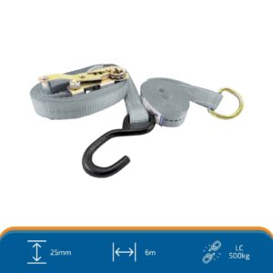 Ratchet Tie Down Kit, S-Hook & D-Ring 6mx25mm, LC500kg