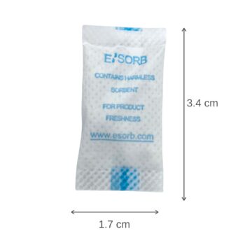 Esorb 0.5g silica gel desiccant packet with product dimensions for moisture control in packs