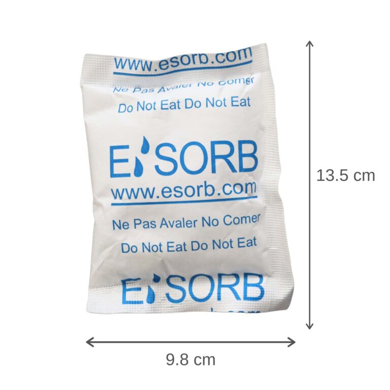 100g Silica Gel Desiccant 2 Esorb 100g silica gel desiccant packet with product dimensions for condensation prevention