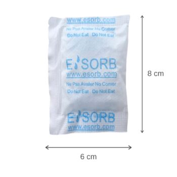 Esorb 10g silica gel desiccant packet with product dimensions for cargo and storage moisture control