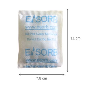 Esorb 50g silica gel desiccant packet with product dimensions for packaging protection