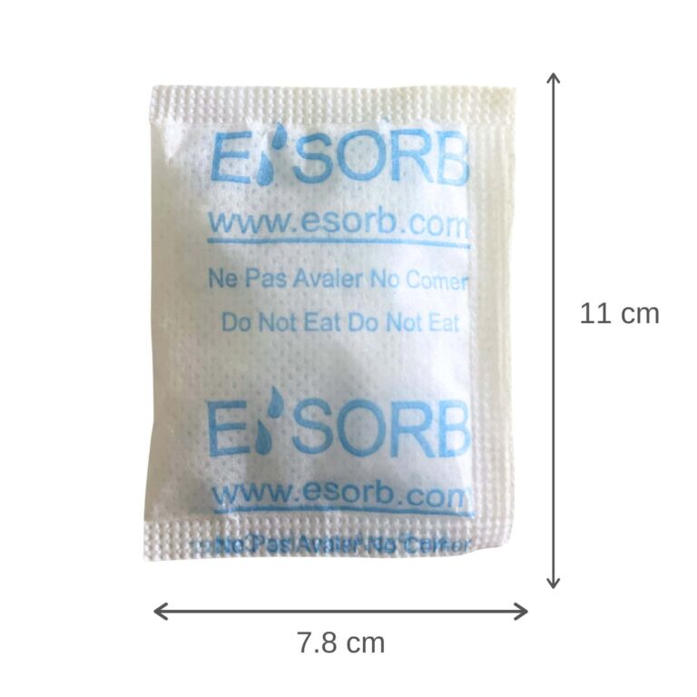 50g Silica Gel Desiccant 2 Esorb 50g silica gel desiccant packet with product dimensions for packaging protection