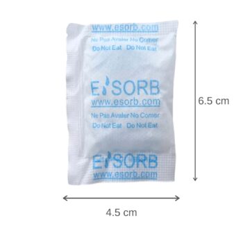 Esorb 5g silica gel desiccant packet with product dimensions for moisture absorption in storage packs