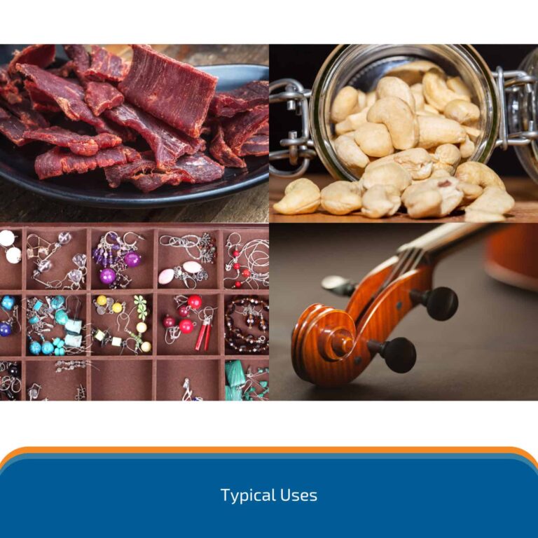 Silica gel desiccant uses image showing applications in food, jewellery, and musical instruments for moisture protection