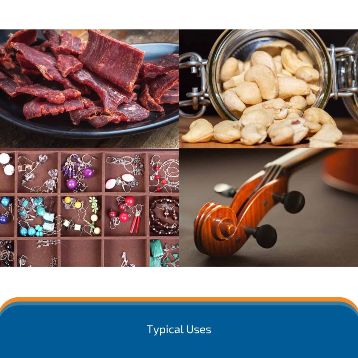 100g Silica Gel Desiccant 6 Silica gel desiccant uses image showing applications in food, jewellery, and musical instruments for moisture protection